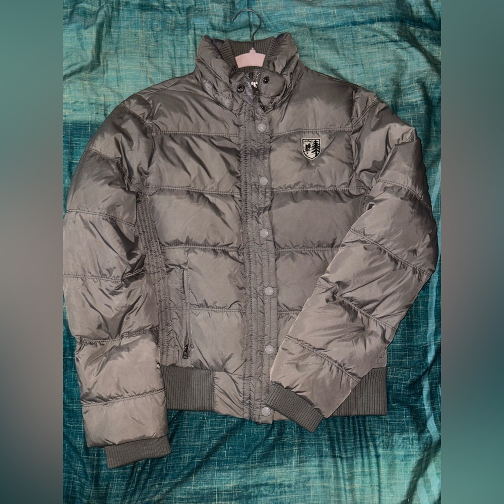 American Eagle Outfitters Grey Jacket with Yellow Trim and blue interior